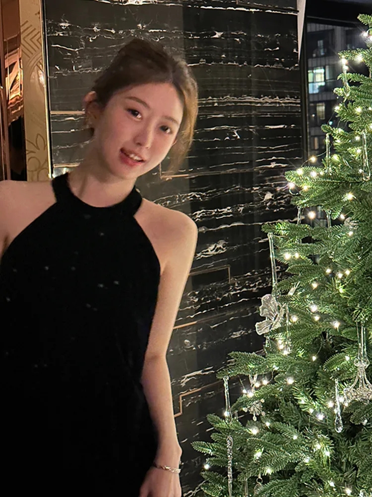鹿阿姨卓叔叔◆黑玫瑰年會戰袍掛脖絲絨禮服系帶蝴蝶結連衣裙