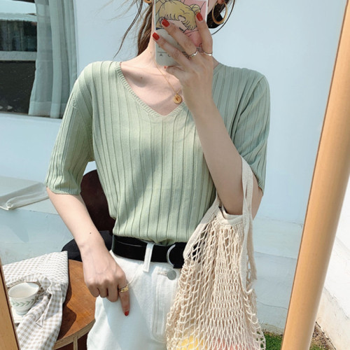大板冰丝短袖针织衫女装韩版夏修身纯色V领打底衫T恤短上衣薄