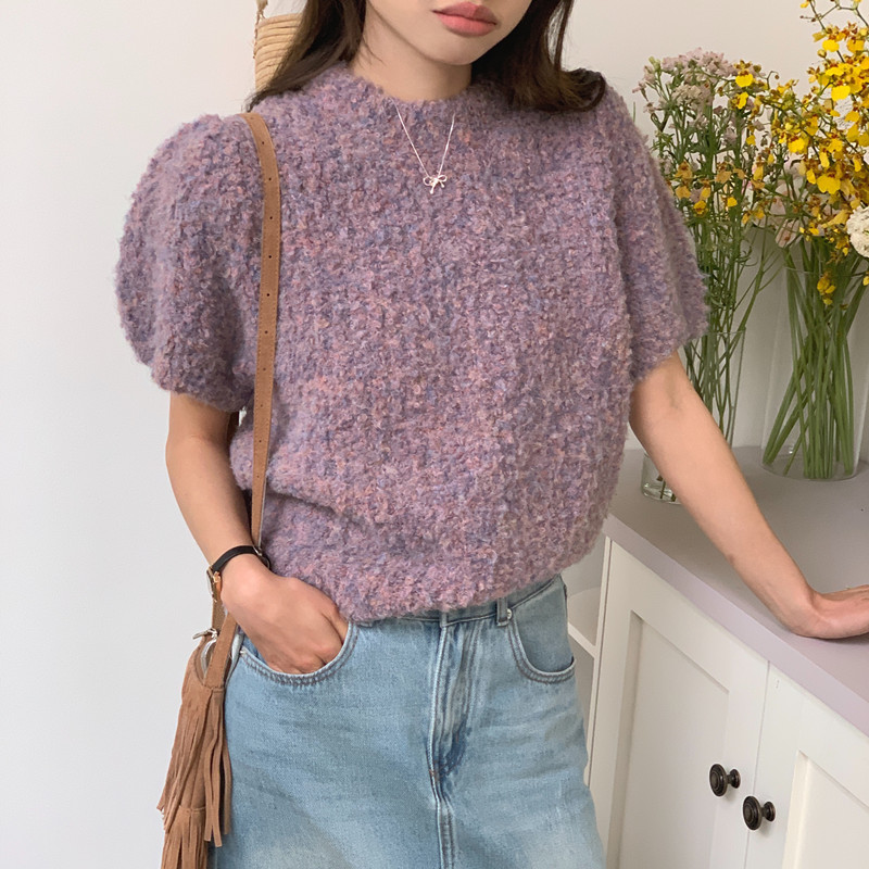Actual shot of Taro Ni Bobo ~ mixed color round neck short sweater short-sleeved sweater top 3 colors