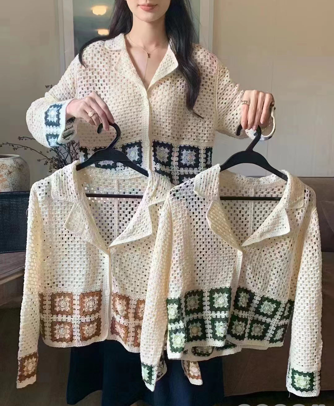French retro striped hollow thin coat knitted cardigan for women 2024 early autumn lazy style outer wear autumn top