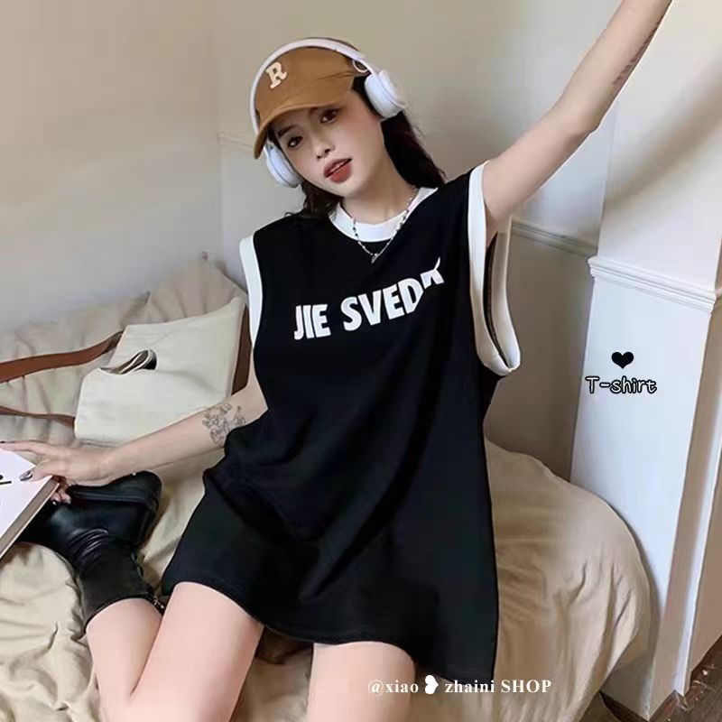 21 count pure cotton new summer casual contrast collar sleeveless T-shirt women's mid-length vest top