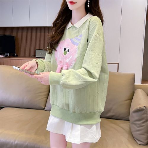 Actual shot of new spring and autumn jacquard long-sleeved T-shirt for women with embroidered cartoon design niche loose polo shirt