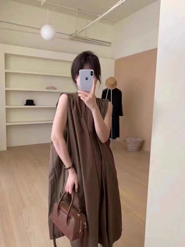 Korean chic summer retro stand-up collar pleated back hollow design loose casual vest dress for women