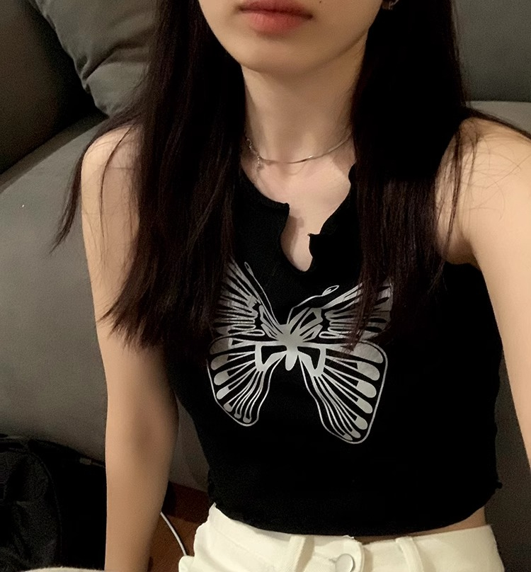 復古黑色蝴蝶印花無袖背心女外穿潮春季2024新款花邊修身短款上衣