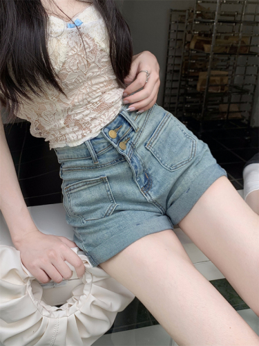 Actual shot of new stretch high-waisted A-line hemmed denim shorts hot pants jeans for women