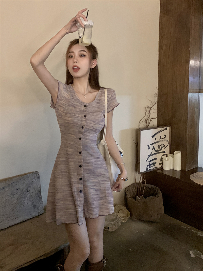 Real shot~French sweet colorful striped V-neck short-sleeved waist slim-fitting single-breasted A-line short dress