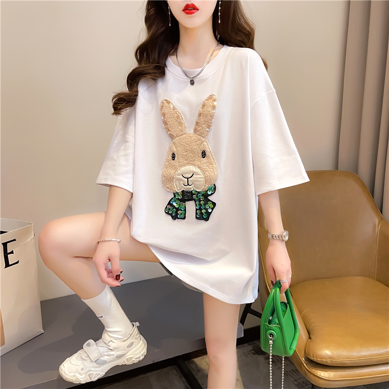 Actual shot of summer Korean style loose 6535 cotton cartoon patch hot rhinestone top mid-length large size short-sleeved T-shirt for women