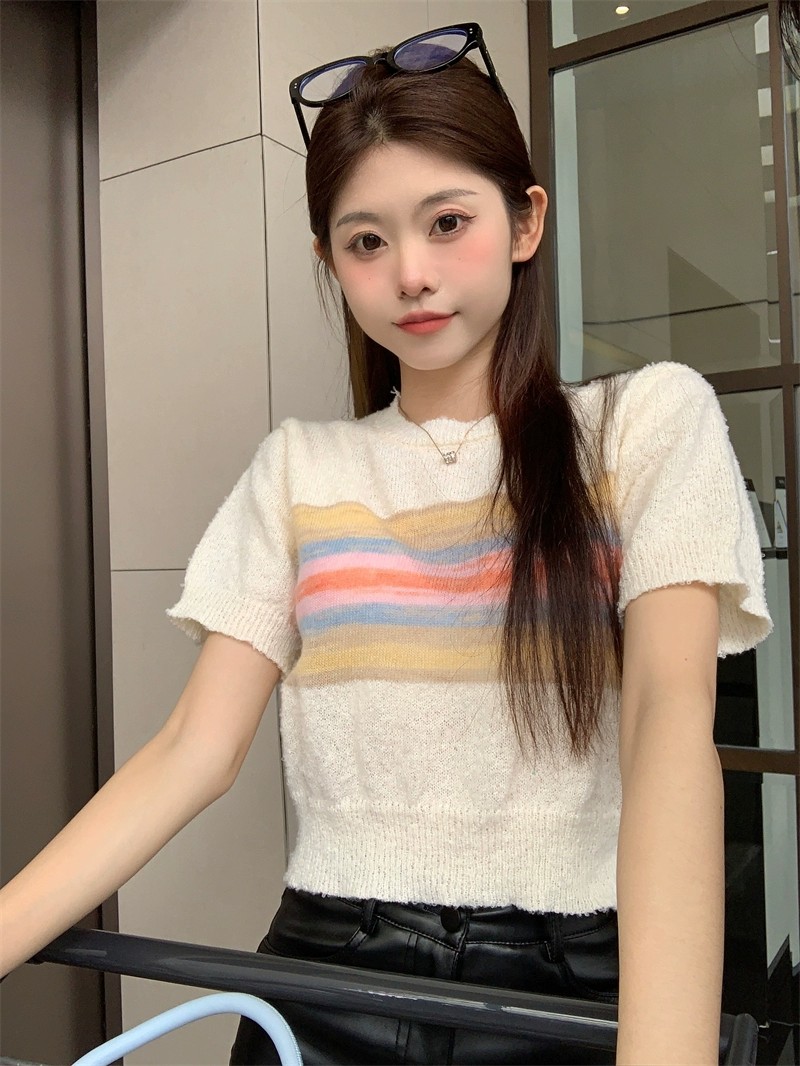 針織甜辣內搭外穿短款打底衫女夏季2024新款氣質條紋上衣短袖T恤