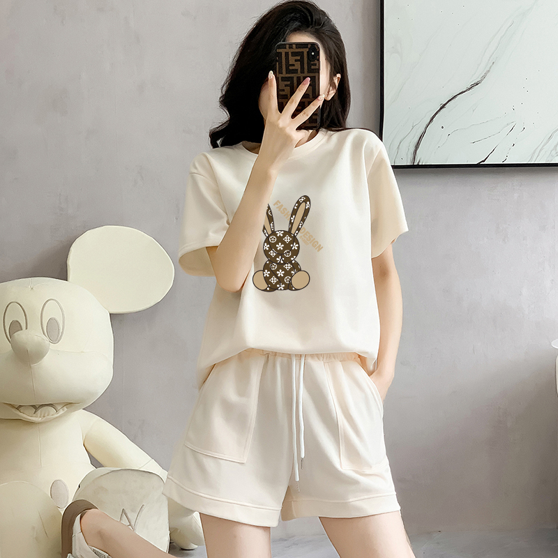 Cotton pique sports suit short-sleeved shorts women's summer new loose age-reducing design casual running two-piece set
