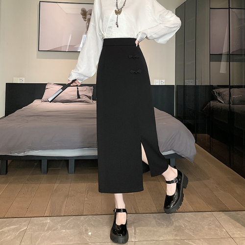 Real shot of simple new Chinese style national style suit skirt for women 2024 spring and summer new style high waist slimming slit straight skirt
