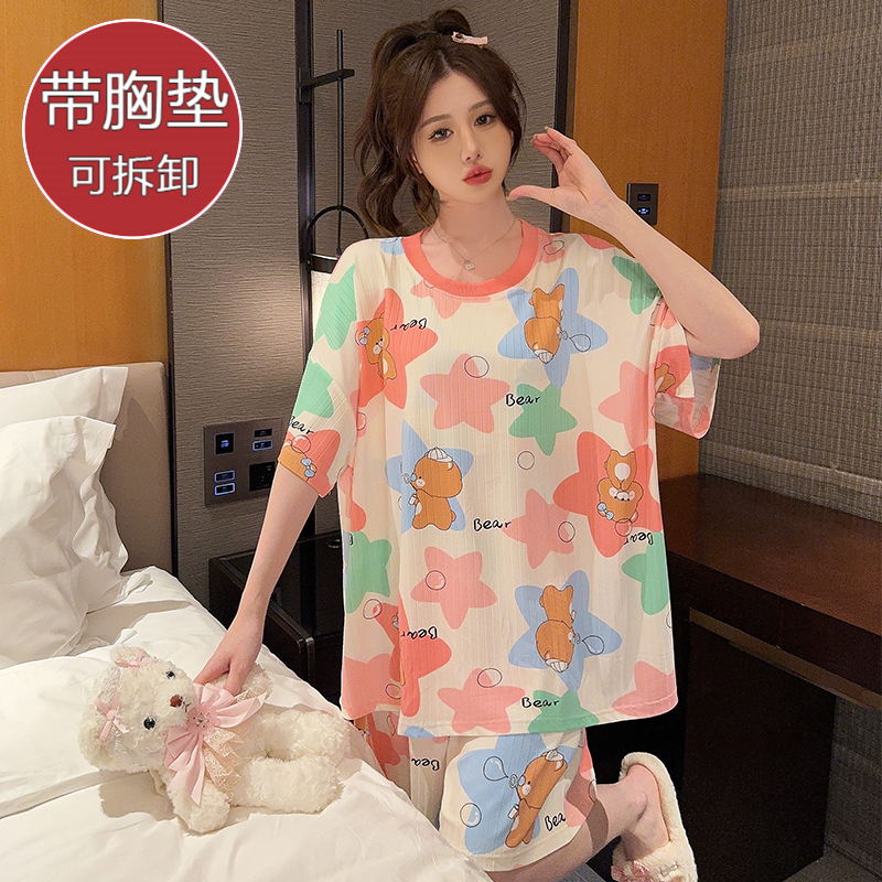 Elastic striped pajamas for women in summer, sweet and loose, short-sleeved shorts with chest pads, plus size plus size 250 pounds home clothes