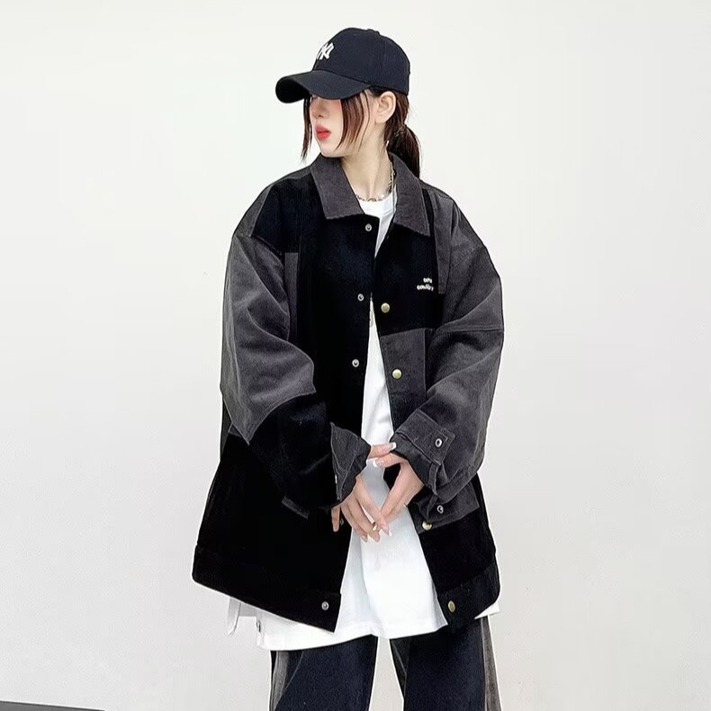 拼色翻領外套女日系復古潮牌寬鬆拼接撞色美式百搭工裝休閒夾克