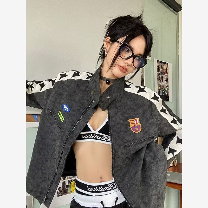 美式復古機車服外套女春季新款潮牌街頭寬鬆立領飛行員夾克上衣