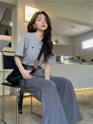 ~Real shot INS simple solid color love embroidered short-sleeved T-shirt + high-waisted drape suit pants