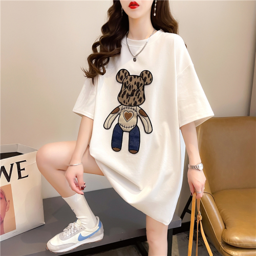 Real shot summer Korean style loose 6535 cotton cartoon patch top mid-length large size short-sleeved T-shirt for women