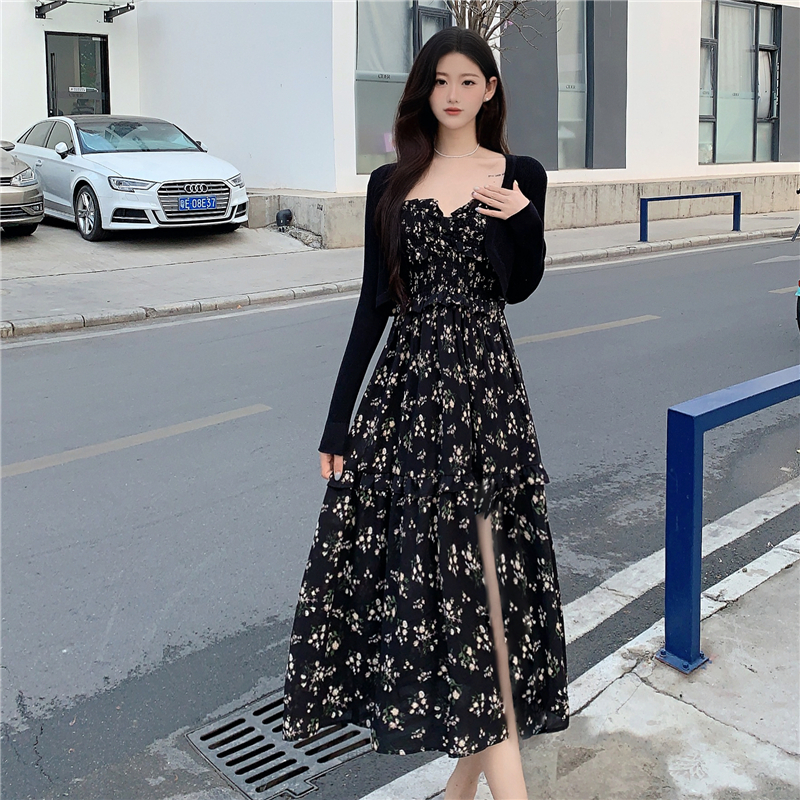 Real shot of fat girl floral dress spring women's 2024 new suspender skirt gentle long skirt French skirt