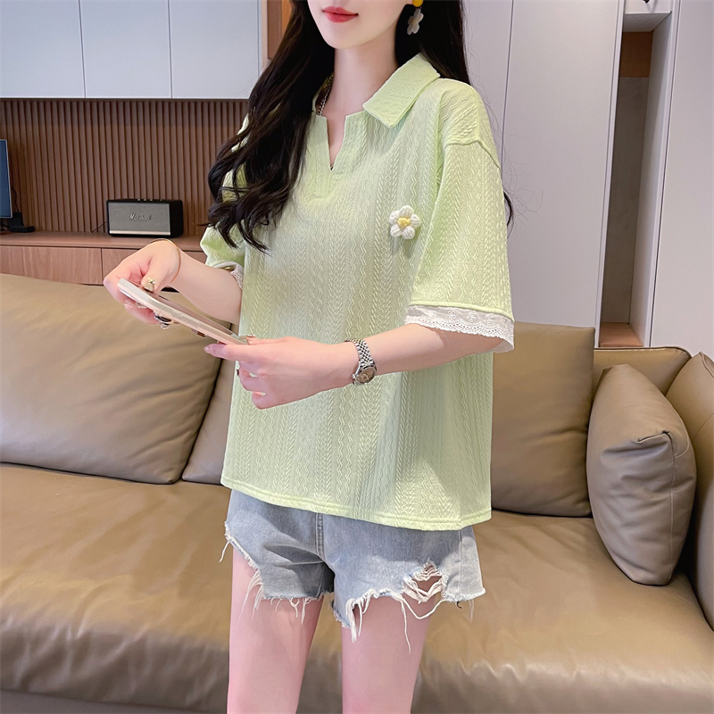 Real shot waffle short-sleeved t-shirt for women retro chic Hong Kong style half-sleeved design niche summer loose polo shirt