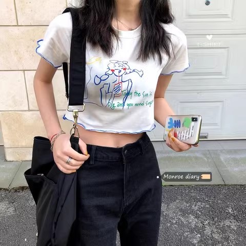 Short-sleeved printed T-shirt women's design niche summer new short hot girl navel-baring student top ins trend