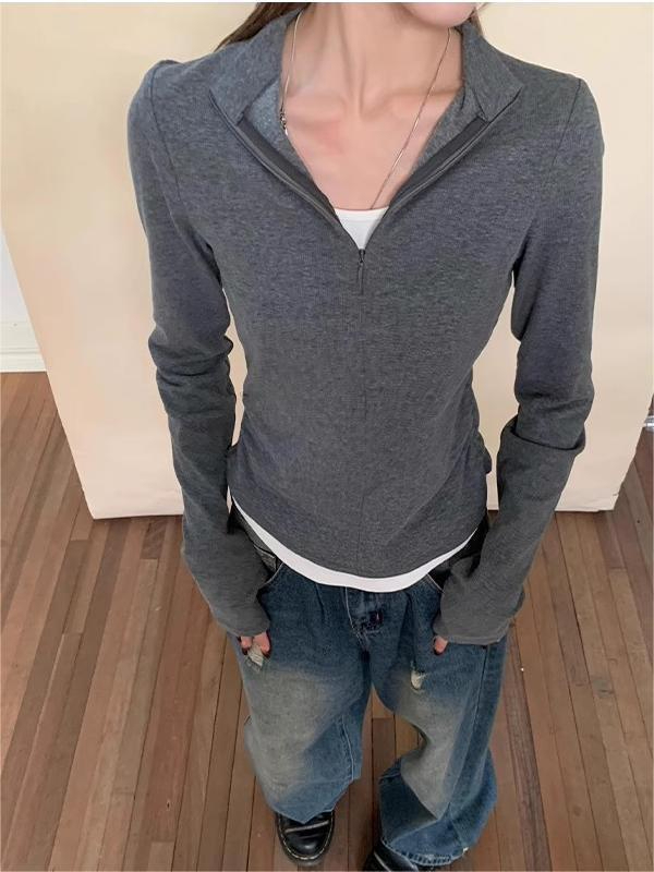 已出貨 美式復古辣妹顯瘦假兩件長袖t恤女內搭修身短款上衣ins