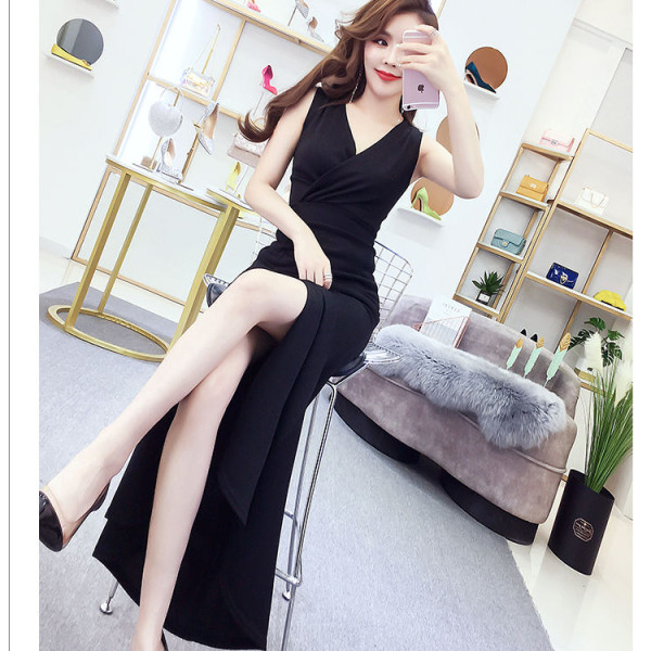 V-neck dress 2024 new nightclub sexy sleeveless waist slimming elastic slit long over-the-knee hip-covering skirt