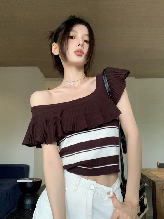 一字肩短袖T恤女2024夏季新款設計感荷葉邊復古條紋小眾短款上衣