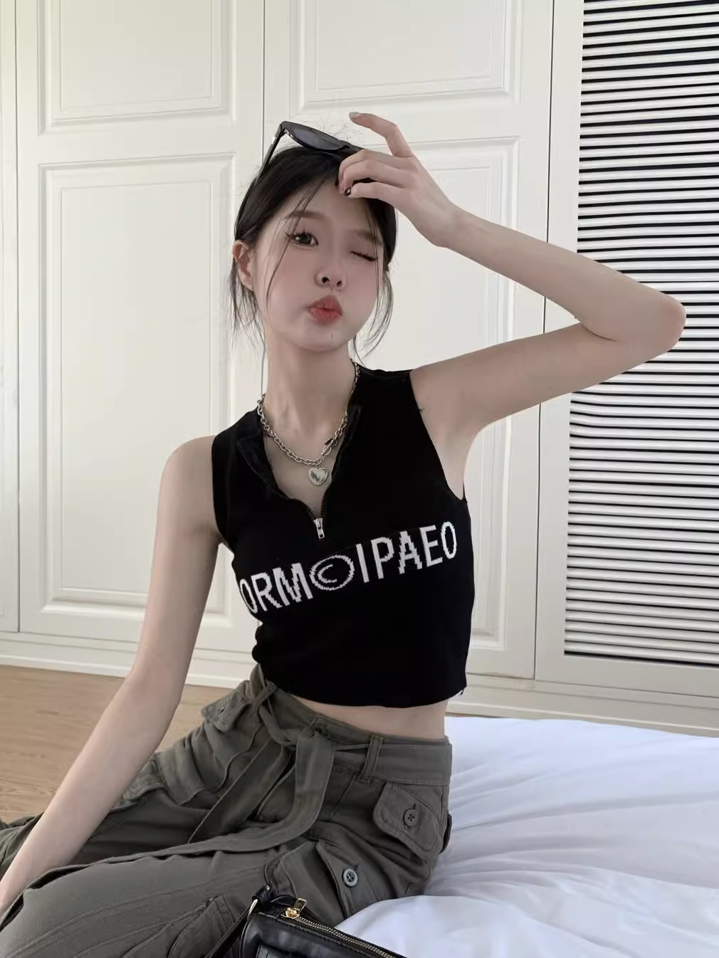 美式復古拉鏈刺繡吊帶背心女夏季內搭設計感小眾外穿短款辣妹上衣