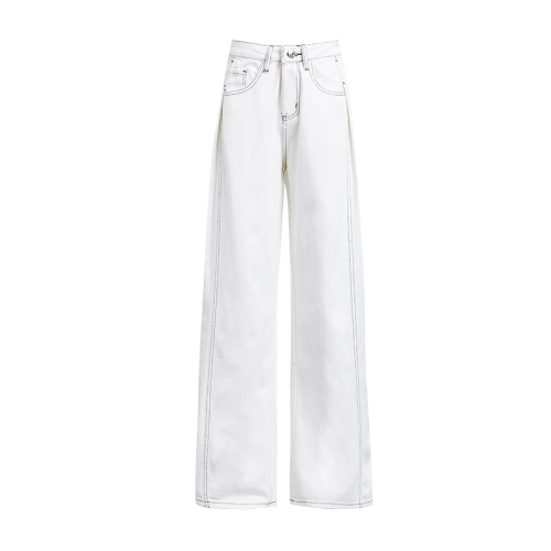 Actual shot of spring loose straight-leg pants, drapey wide-leg pants, white casual simple high-waisted jeans for women