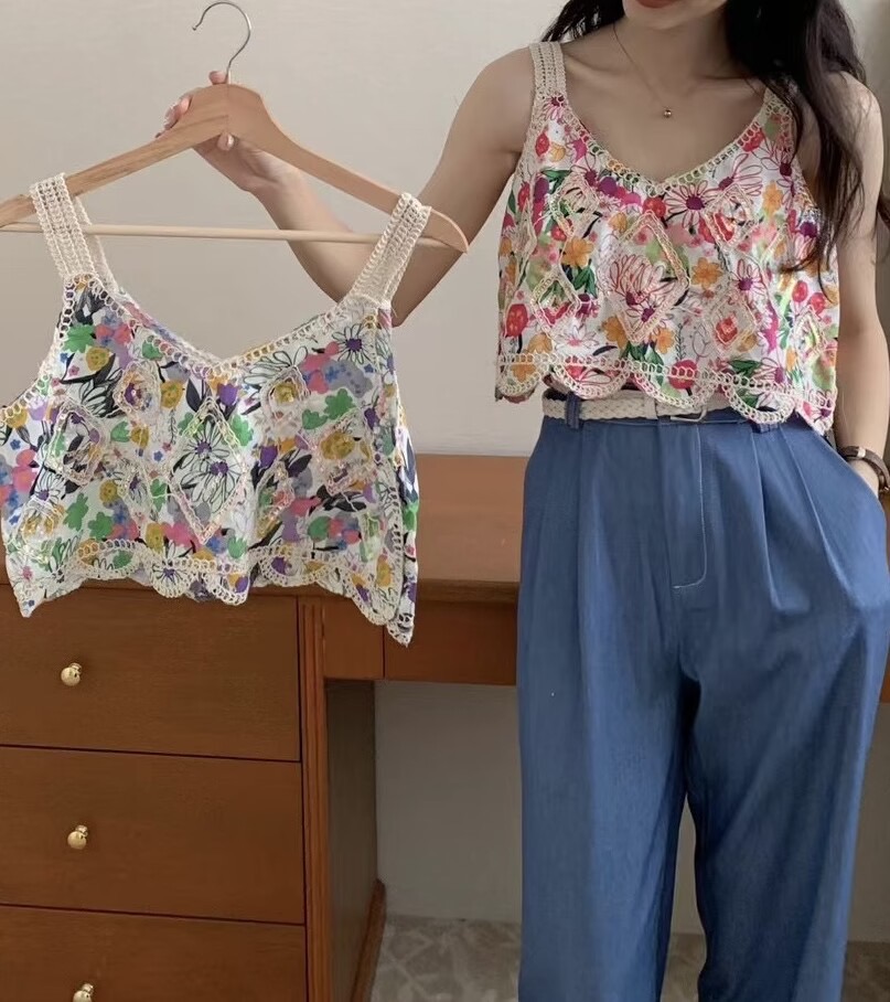 新版法式復古刺繡鈎花碎花短袖背心吊帶