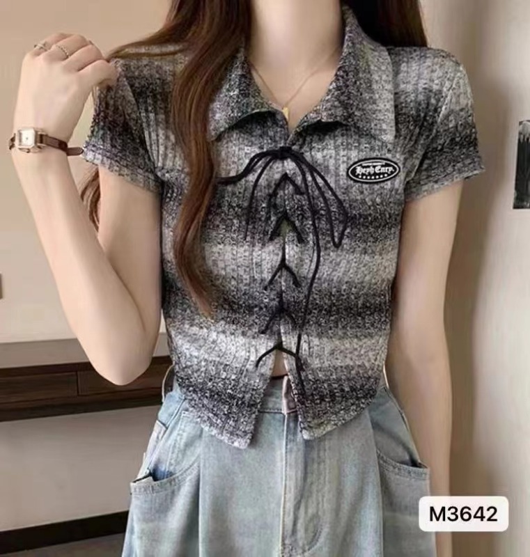 夏季新款設計感美式復古翻領系帶弧形短袖上衣女