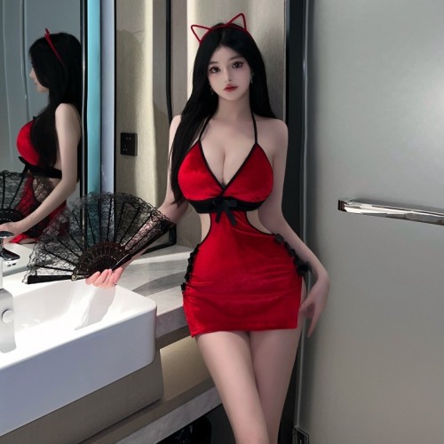 Real shot~Velvet red bow Chinese style suspender v-neck short skirt tight and hip-hugging sexy retro dress for women