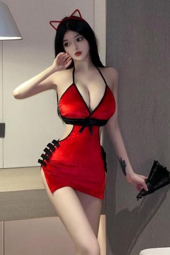 Real shot~Velvet red bow Chinese style suspender v-neck short skirt tight and hip-hugging sexy retro dress for women