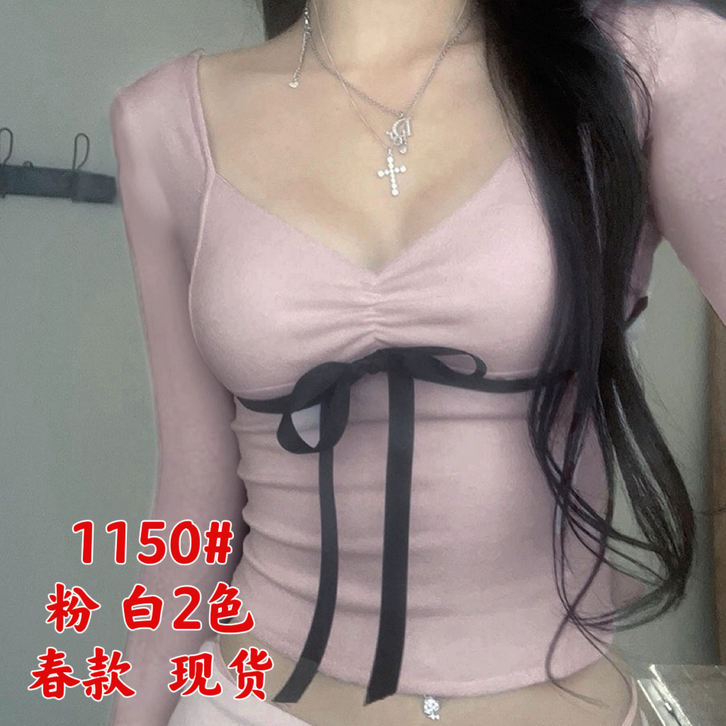 MSYOUCAN French pure sweet girl ribbon bow girly T-shirt slim fit low-neck versatile top
