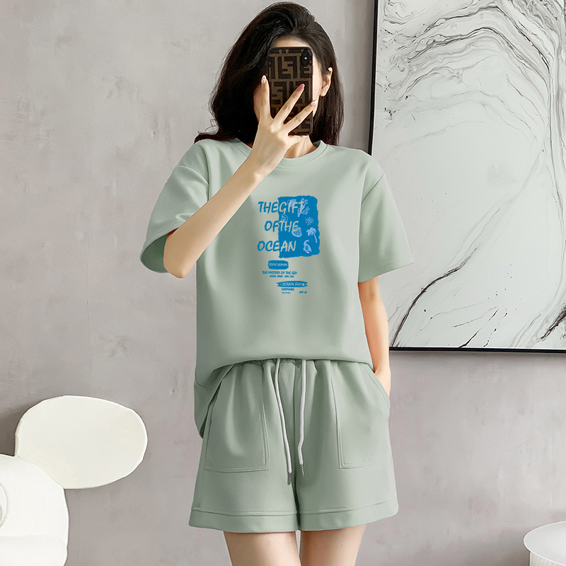 Cotton pique sports suit short-sleeved shorts women's summer new loose age-reducing design casual running two-piece set