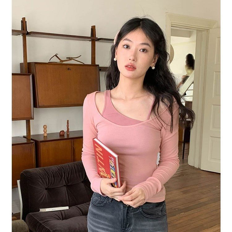 已出貨 新款辣妹假兩件撞色修身長袖T恤設計感顯瘦百搭上衣服女