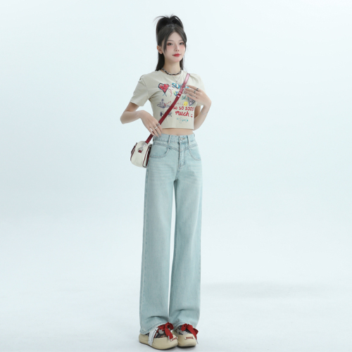 Actual shot of 2024 spring and summer new jeans women's niche design high-waisted loose straight pants