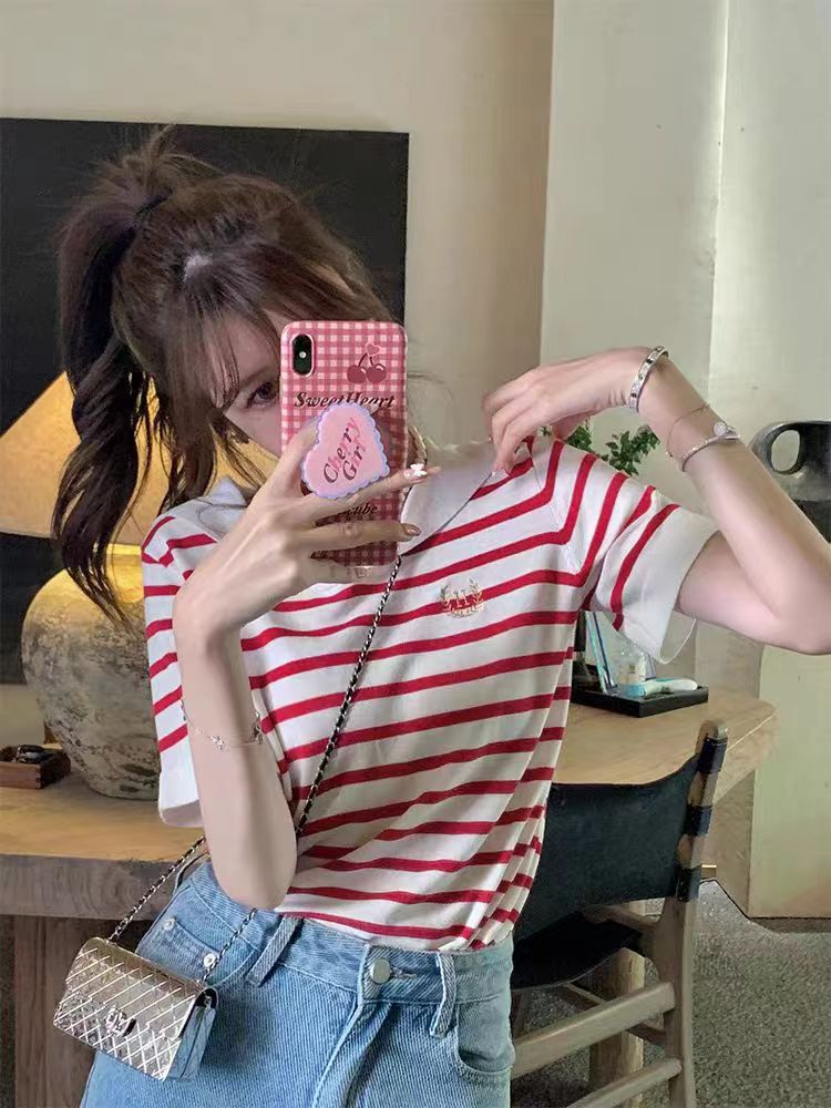 條紋冰絲短袖T恤女裝夏季薄款韓版設計感學院風海軍領針織上衣服
