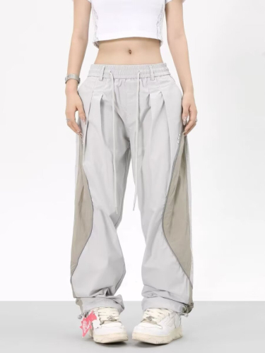 American loose straight light gray contrasting color casual pants for women summer thin hip-hop street dance pants casual trendy brand foot binding