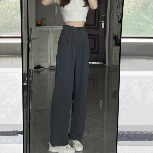 Gray wide-leg pants for women 2024 spring and summer high-waisted loose straight-leg floor-length trousers slim casual suit pants
