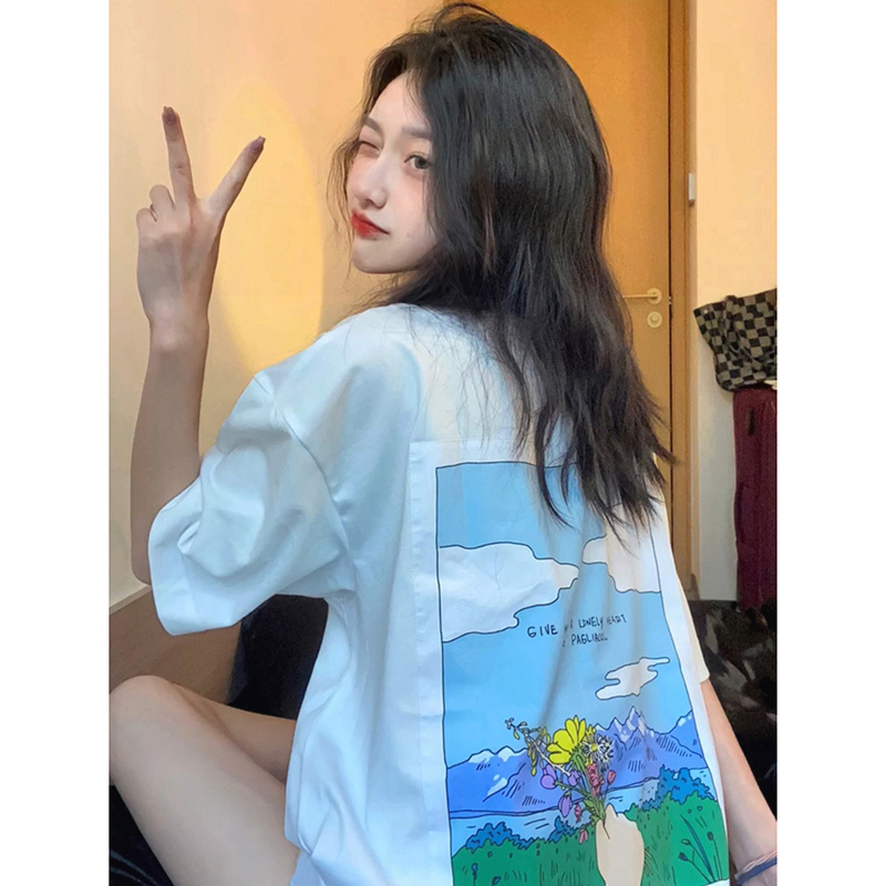 甜美純棉設計感撞色拼接印花短袖t恤女夏季半袖上衣女圓領