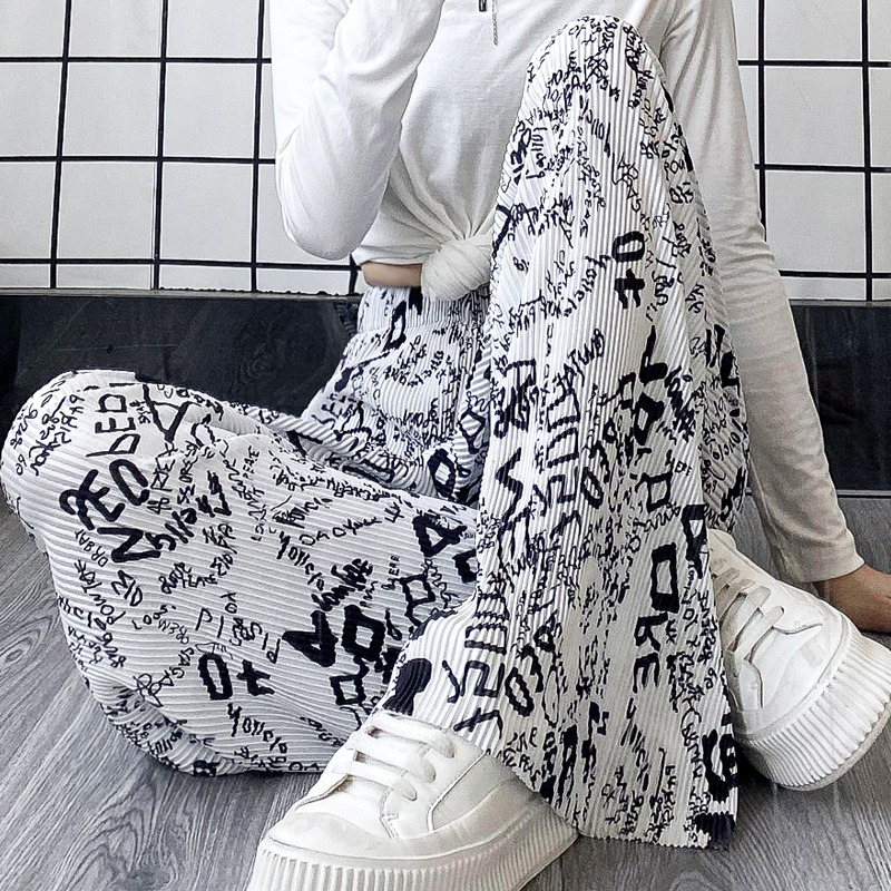 Ice silk pleated wide-leg pants for women 2024 summer thin gradient tie-dye floral pants drapey cool floor-length pants for women