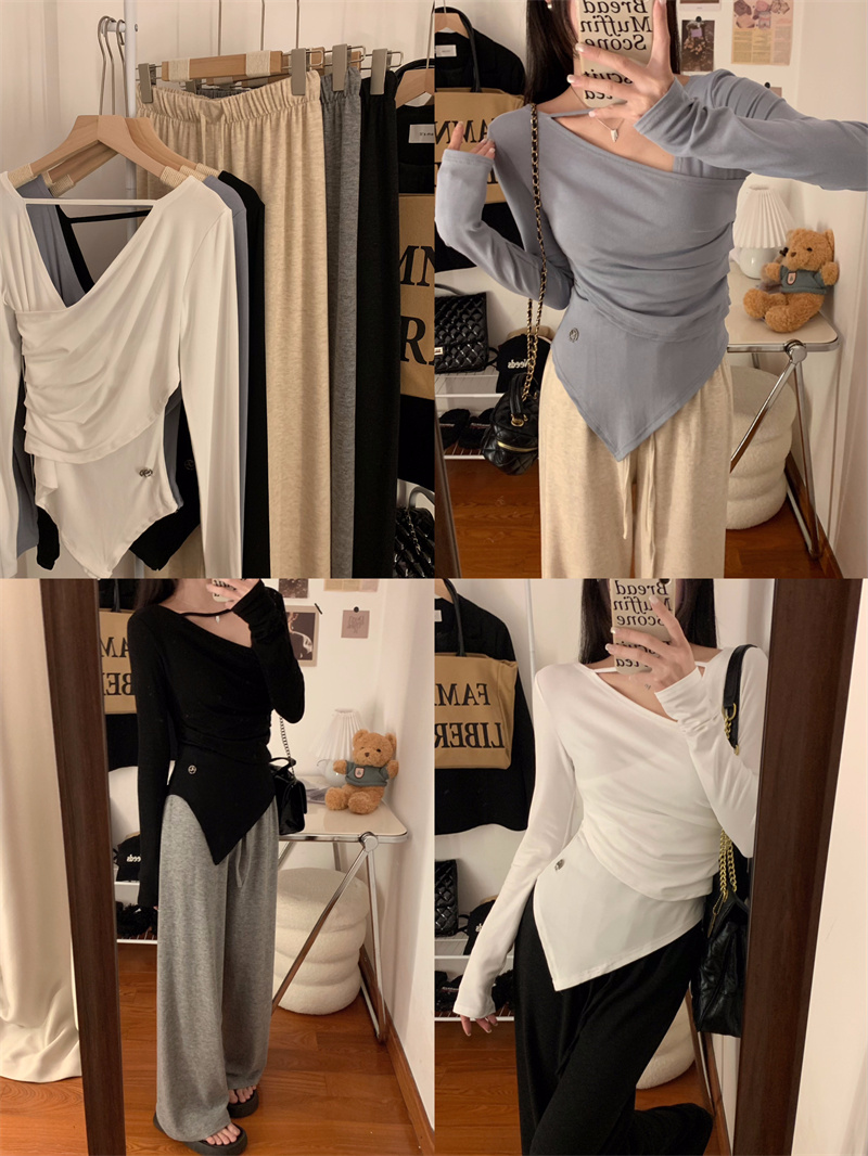 Actual shot of spring and summer irregular crossover V-neck long-sleeved top + versatile wide-leg pants and drapey casual pants