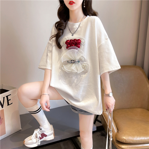 Actual shot of summer Korean style loose 6535 cotton three-dimensional cartoon hot diamond top mid-length large size short-sleeved T-shirt for women
