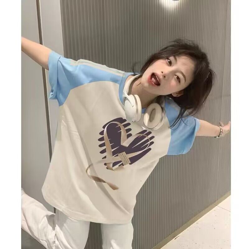 純棉200克21支精梳精密前 印花拼色三條槓落肩短袖t恤女