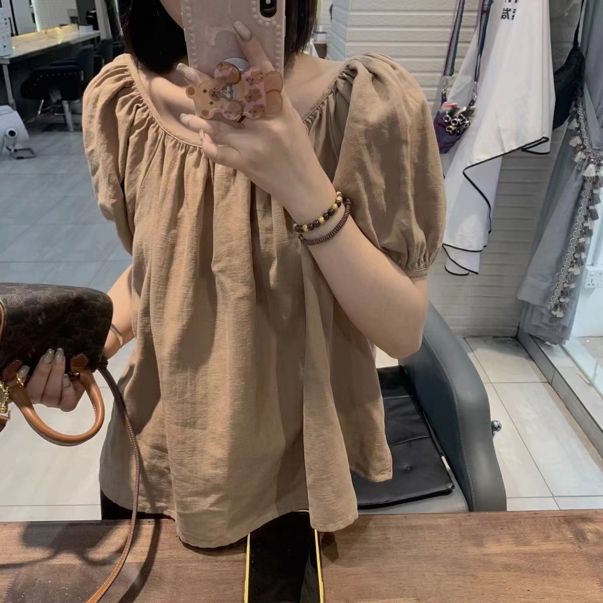 韓系溫柔風棉麻泡泡袖短袖上衣女夏套頭寬鬆顯瘦氣質襯衣