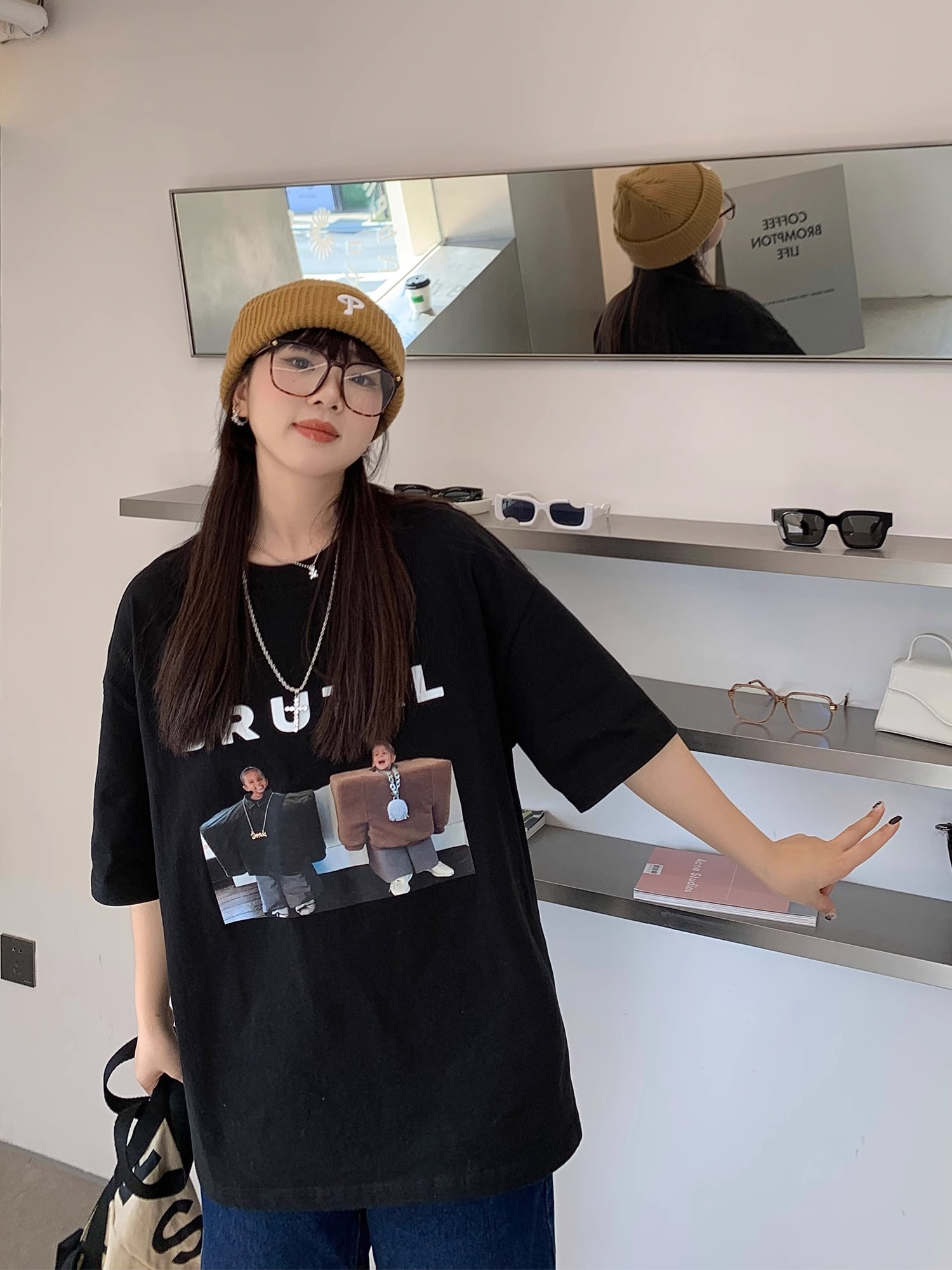 Printed round neck short-sleeved T-shirt for women spring and summer new Hong Kong style loose slimming casual versatile top