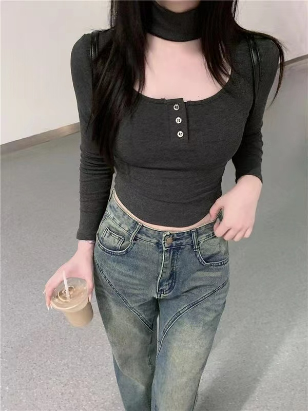 已出貨 設計感辣妹掛脖鏤空純色正肩T恤女新款修身顯瘦短款上衣