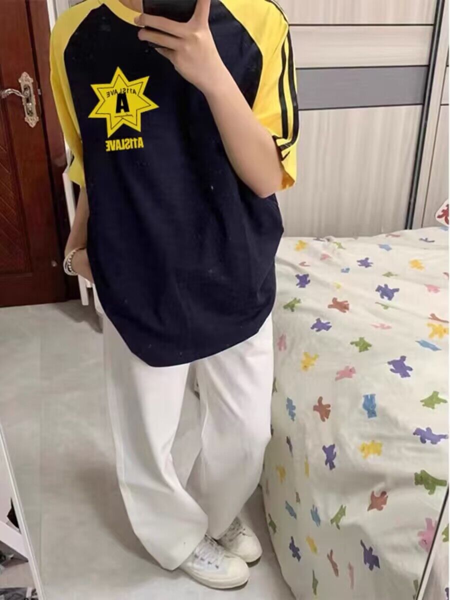 純棉200克21支精梳精密前 印花拼色三條槓落肩短袖t恤女