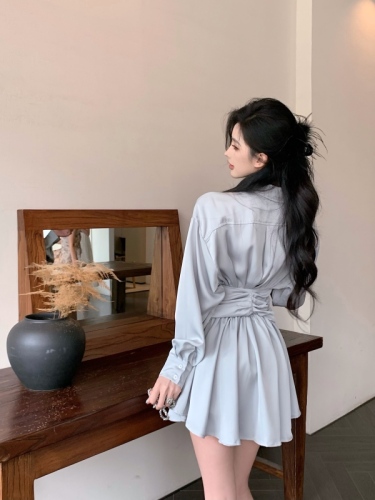 Real shot of high-end waist-cinching satin shirt dress, ladylike style, light and sophisticated style, long-sleeved A-line short skirt