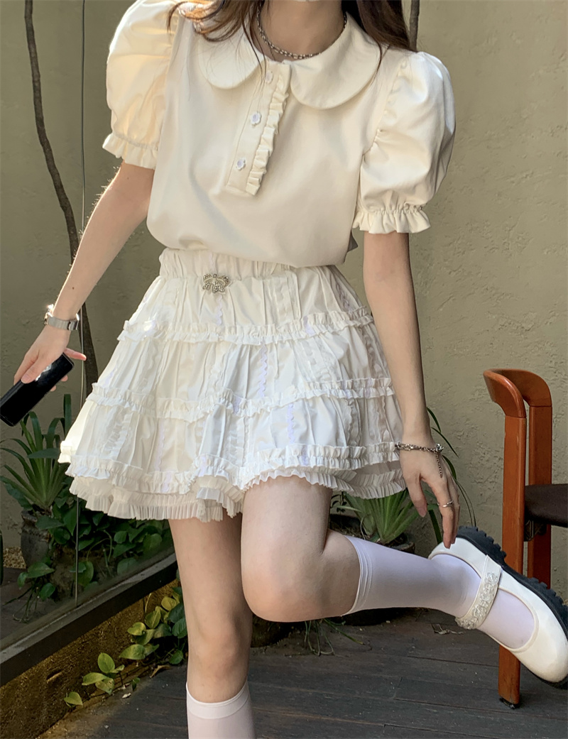 Actual shot~Versatile doll collar top + heavy-duty high-waisted half-length tutu skirt, slimming pleated skirt