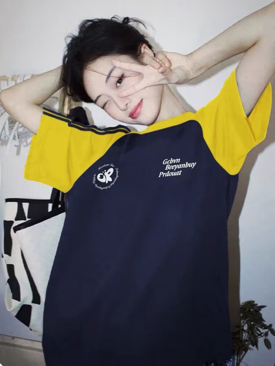 純棉200克21支精梳精密前 印花拼色三條槓落肩短袖t恤女